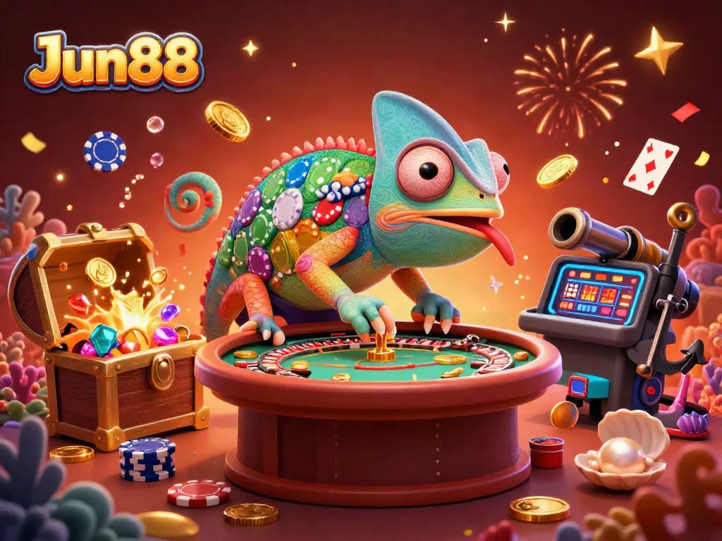 Experience the thrills of Jun88 with a colorful chameleon and dynamic casino elements.