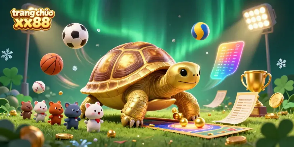 Experience excitement at trang chủ xx88 with a vibrant casino scene featuring a colossal golden tortoise and sports elements.