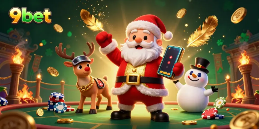 Experience the excitement of 9bet's online casino with Santa and friends in a vibrant 3D scene.