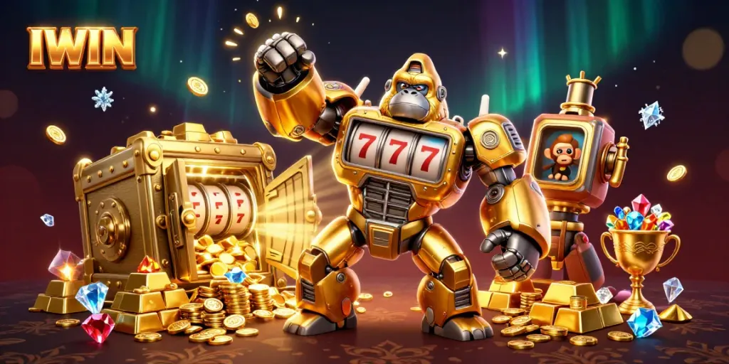 IWIN slots gaming scene with a golden gorilla mech and treasures bursting with gold.