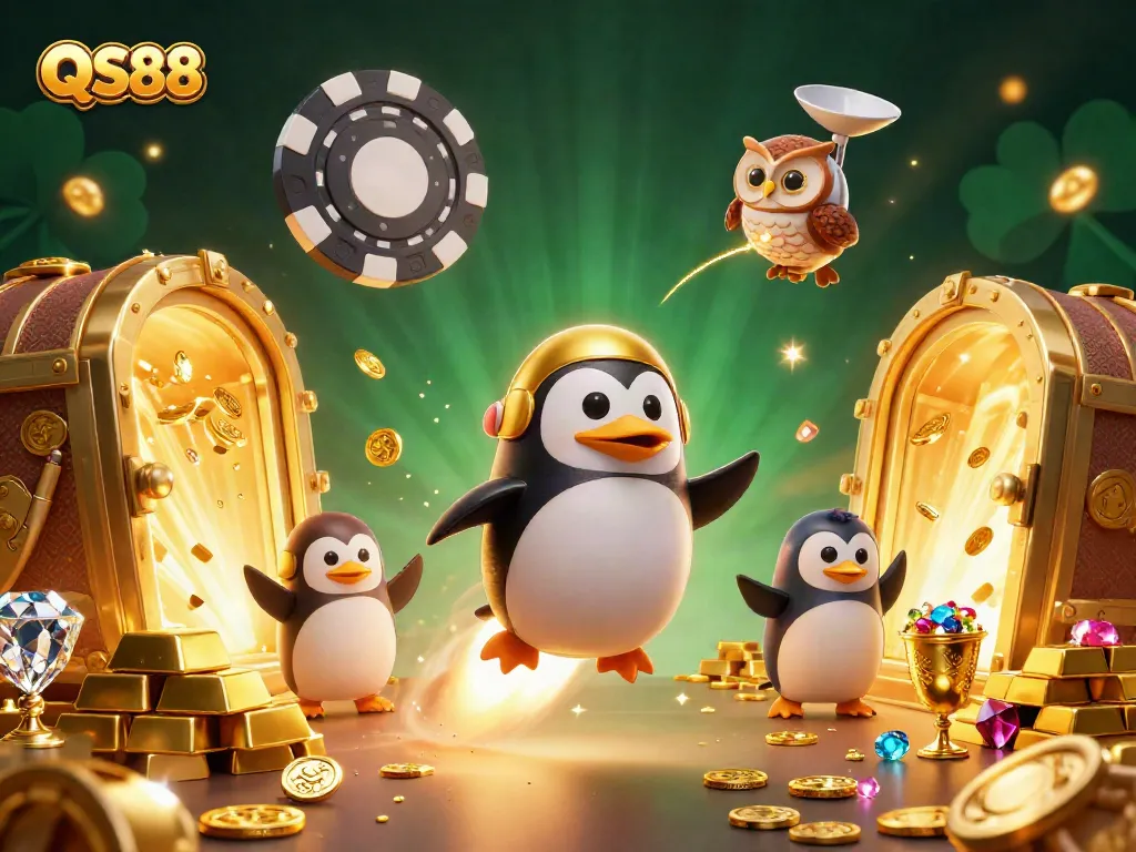 Engage with QS88's vibrant casino adventure featuring a golden penguin and riches in a cosmic setting.