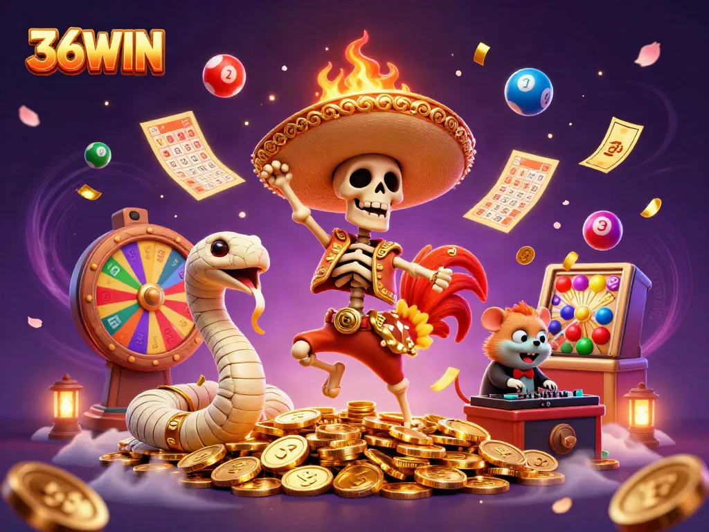 Join the excitement at 36WIN with a lively casino scene featuring vibrant characters celebrating winnings.