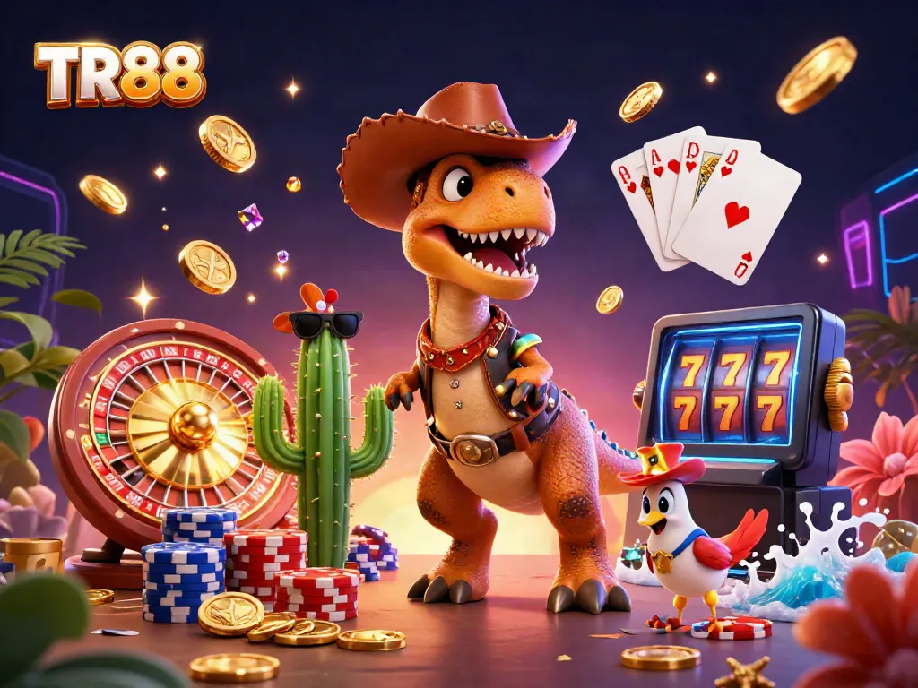 Engage in thrilling casino action with TR88 as a T-Rex and friends celebrate wins amidst coins and roulette.