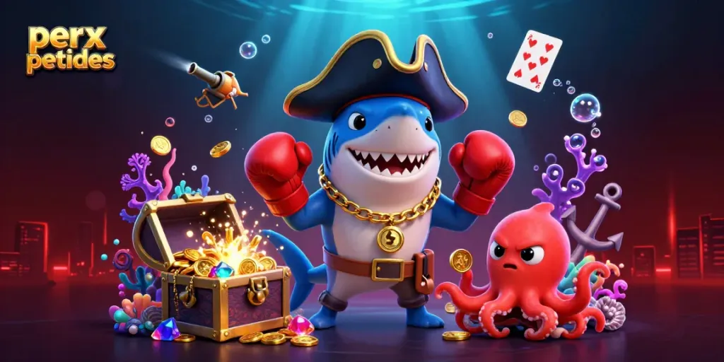 Engage with perx peptides while exploring a vibrant underwater scene filled with treasure and cartoon characters.