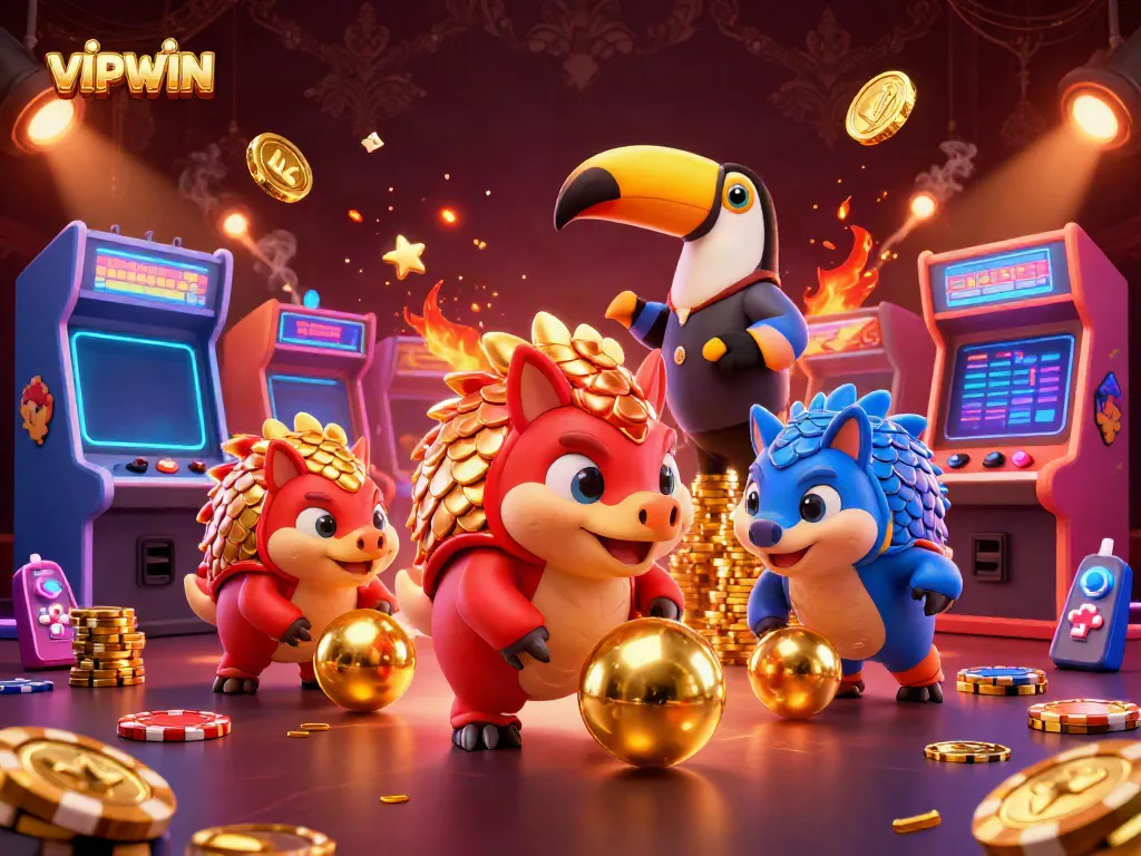 Experience exciting gameplay with VIPWIN as rival pangolins bowl through poker chips in a vibrant casino.