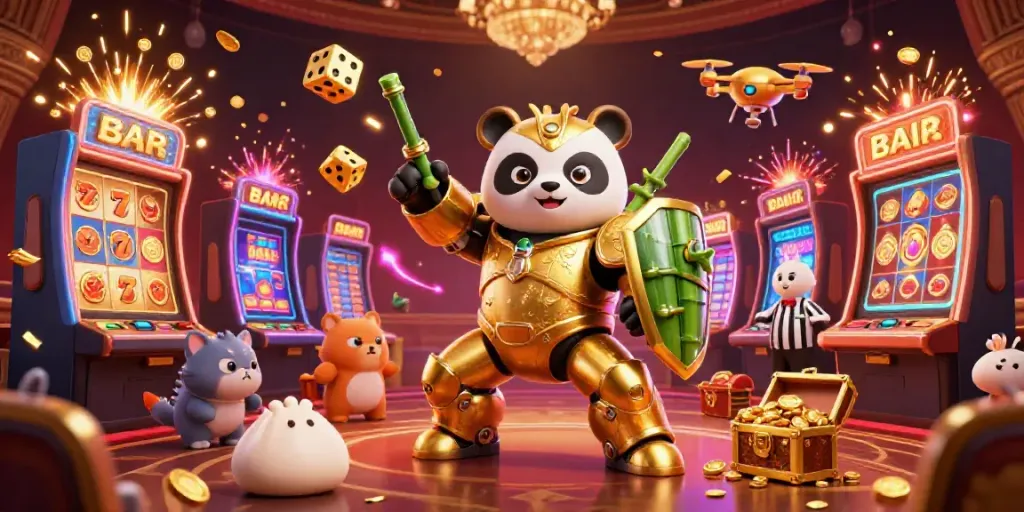 Experience HITCLUB excitement with a golden panda in a bamboo robot amidst a jackpot explosion.