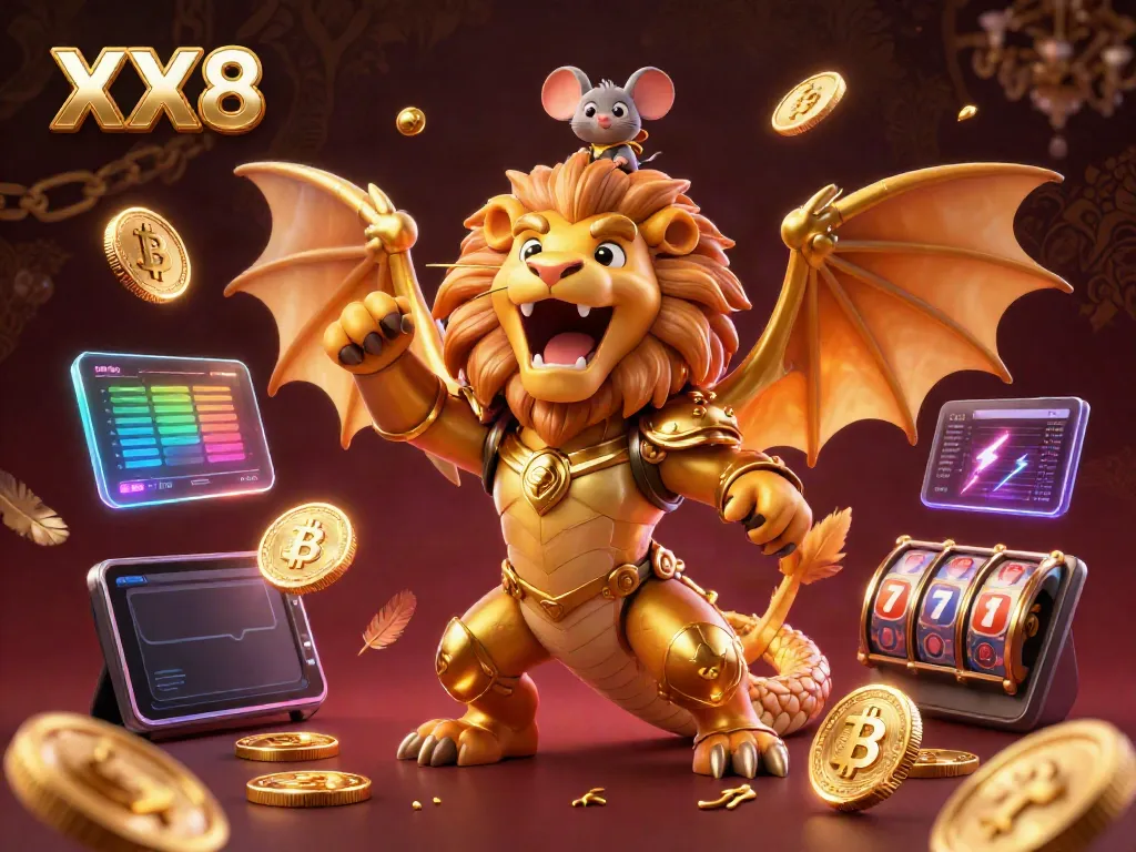 Experience thrilling moments with the roaring XX8 chimera surrounded by cryptocurrency elements.