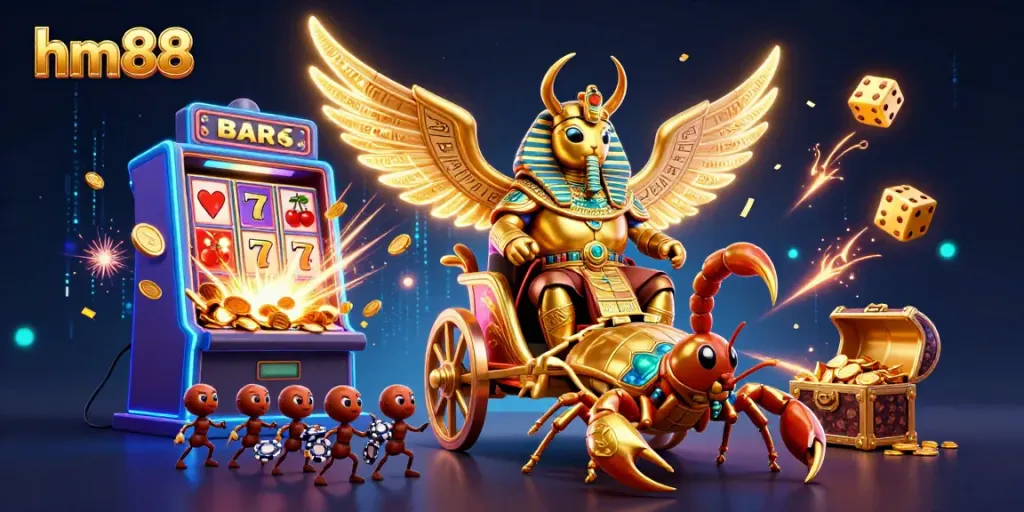 Experience the thrilling atmosphere of HM88 with a vibrant 3D casino illustration showcasing a dramatic jackpot moment.