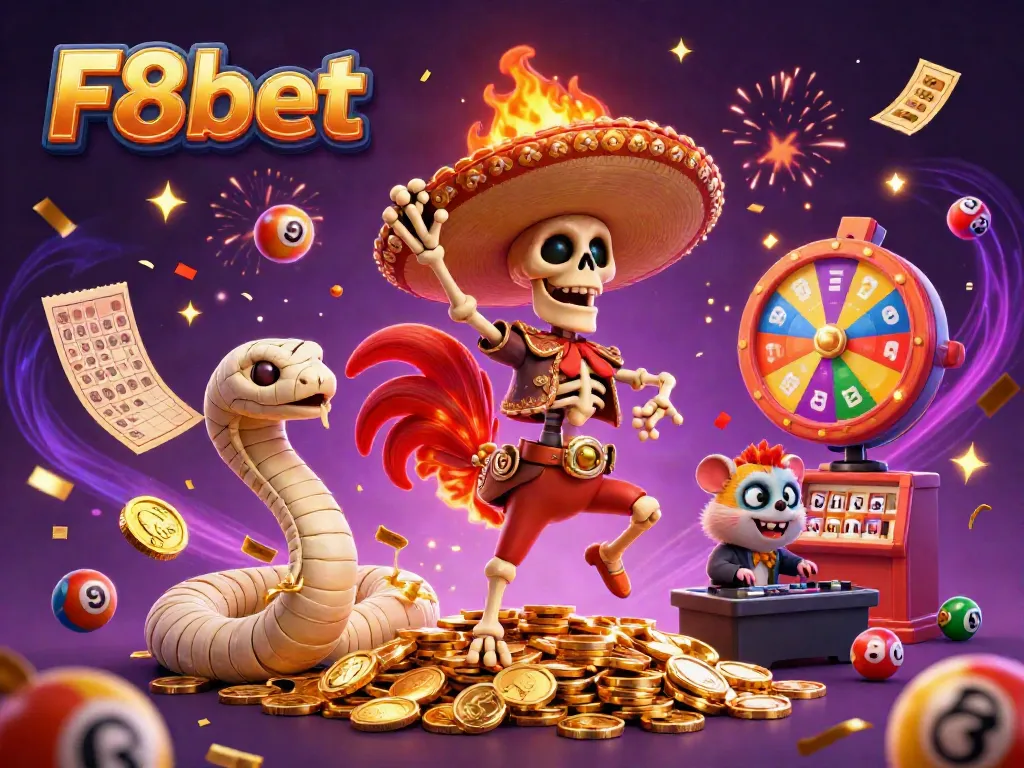F8bet showcases a vibrant casino celebration with a skeleton mariachi rooster amidst golden coins and dynamic lottery elements.