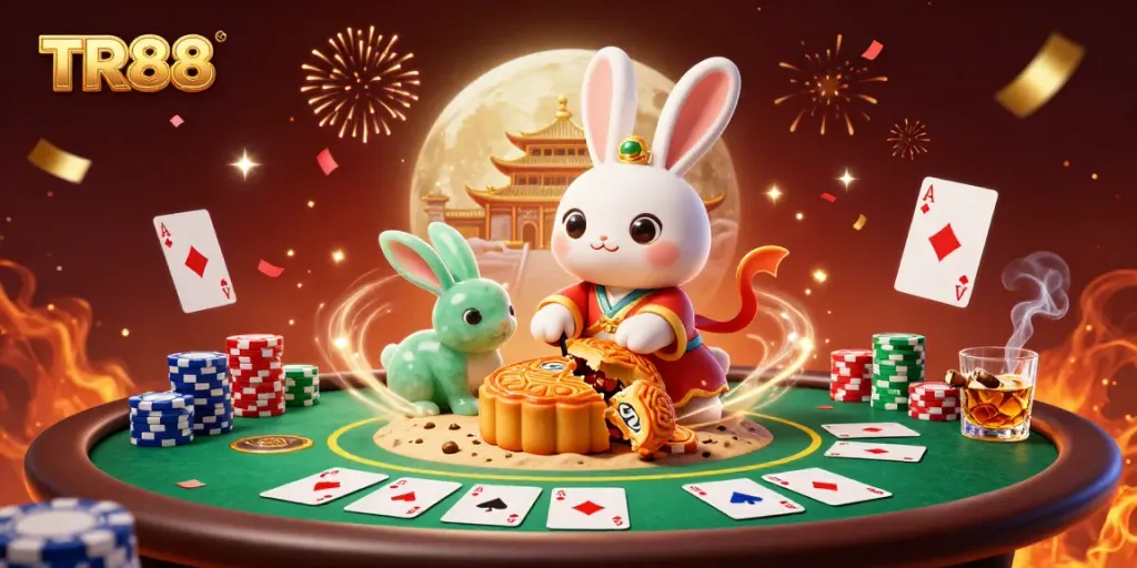 Experience the excitement of TR88 with an engaging scene of fortune with poker chips and festive mooncake celebrations.