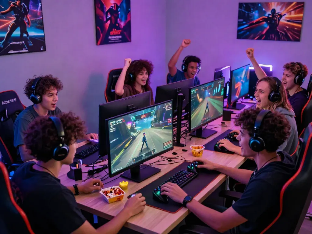 Friends enjoying an intense gaming session with kilat 404, surrounded by vibrant LED lights and consoles.