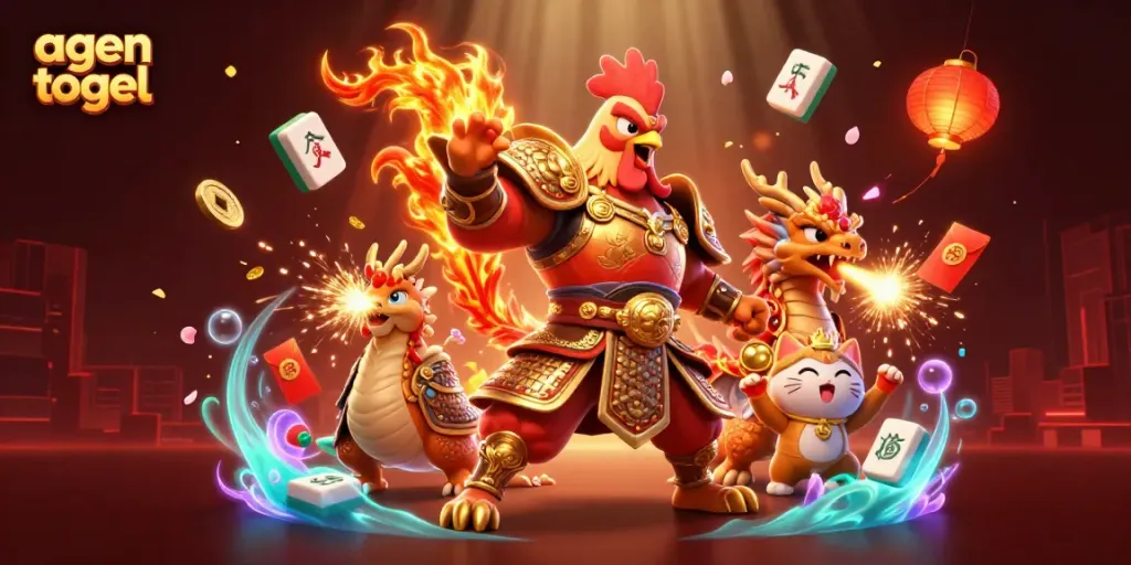 Gambaran agen togel yang terinspirasi dari seni karakter bertarung, ayam jantan dan naga dalam pertandingan.