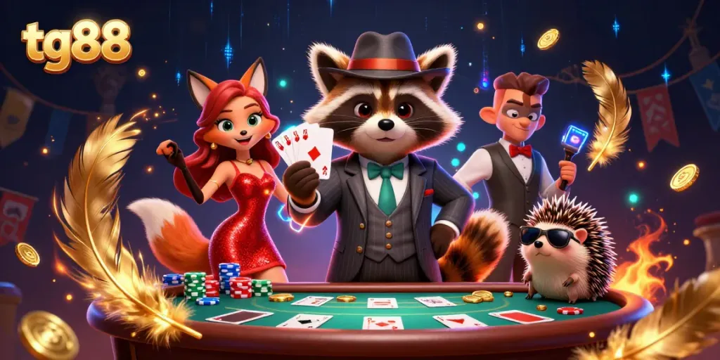 Tg88 showcases a playful poker scene with a raccoon, fox, and hedgehog surrounded by winning chips and cards.