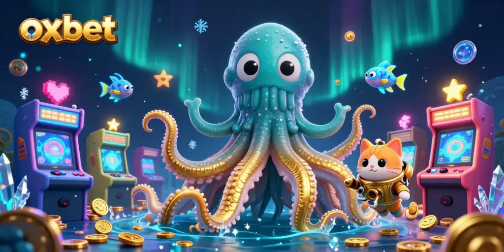 Engage with OXBET's dynamic gaming scene featuring a kraken and diving cat amidst vibrant rewards.