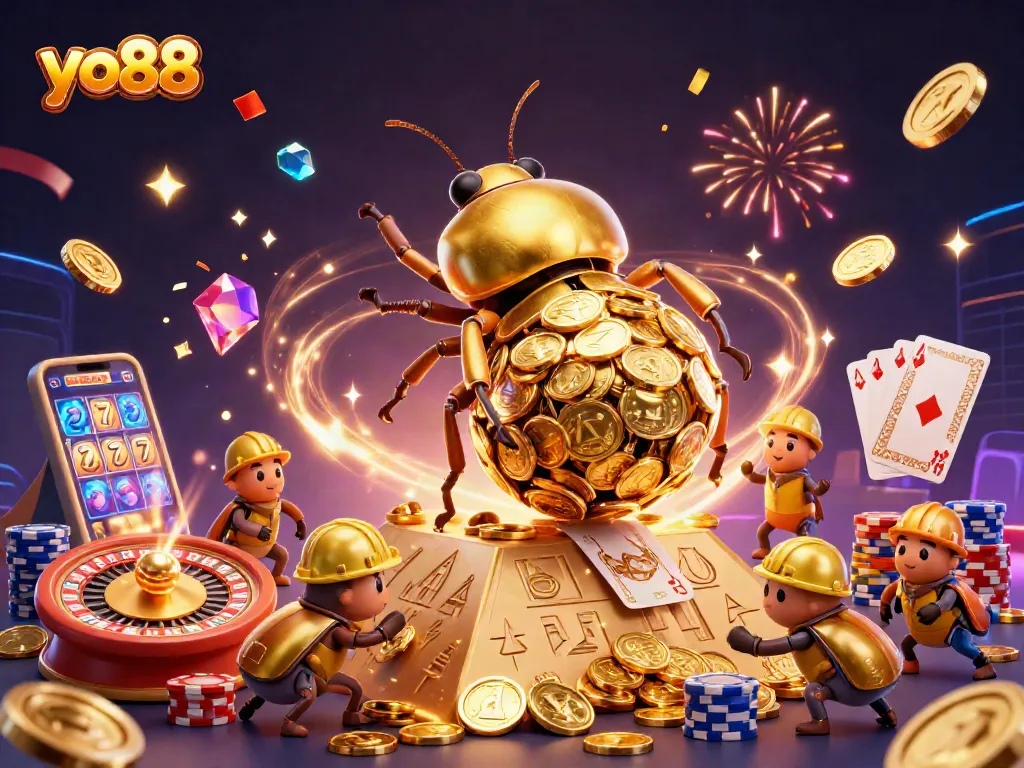 Experience the thrill of yo88 with an illustration of golden beetles amid casino symbols and treasures.