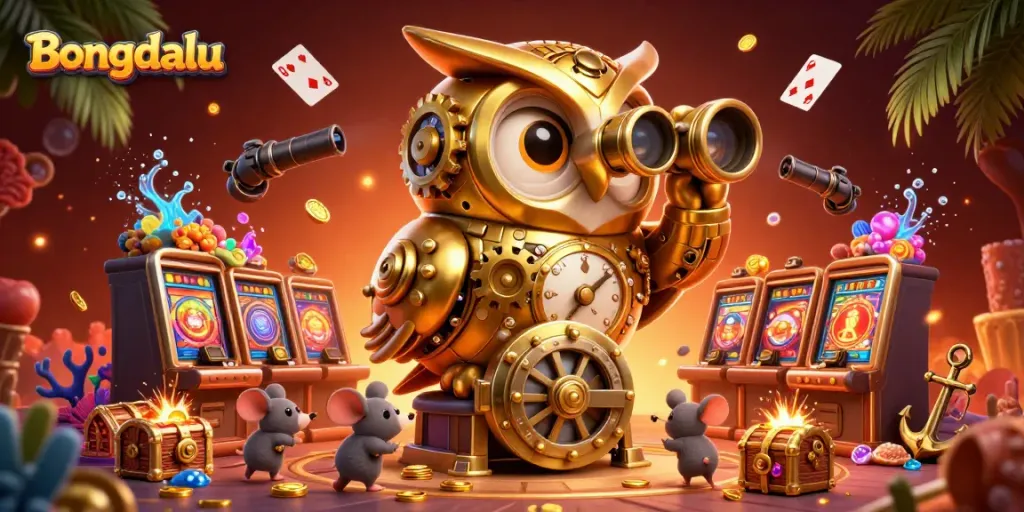 Bongdalu's lively casino scene showcases a golden owl and mouse patrons engaging with vibrant gaming elements.
