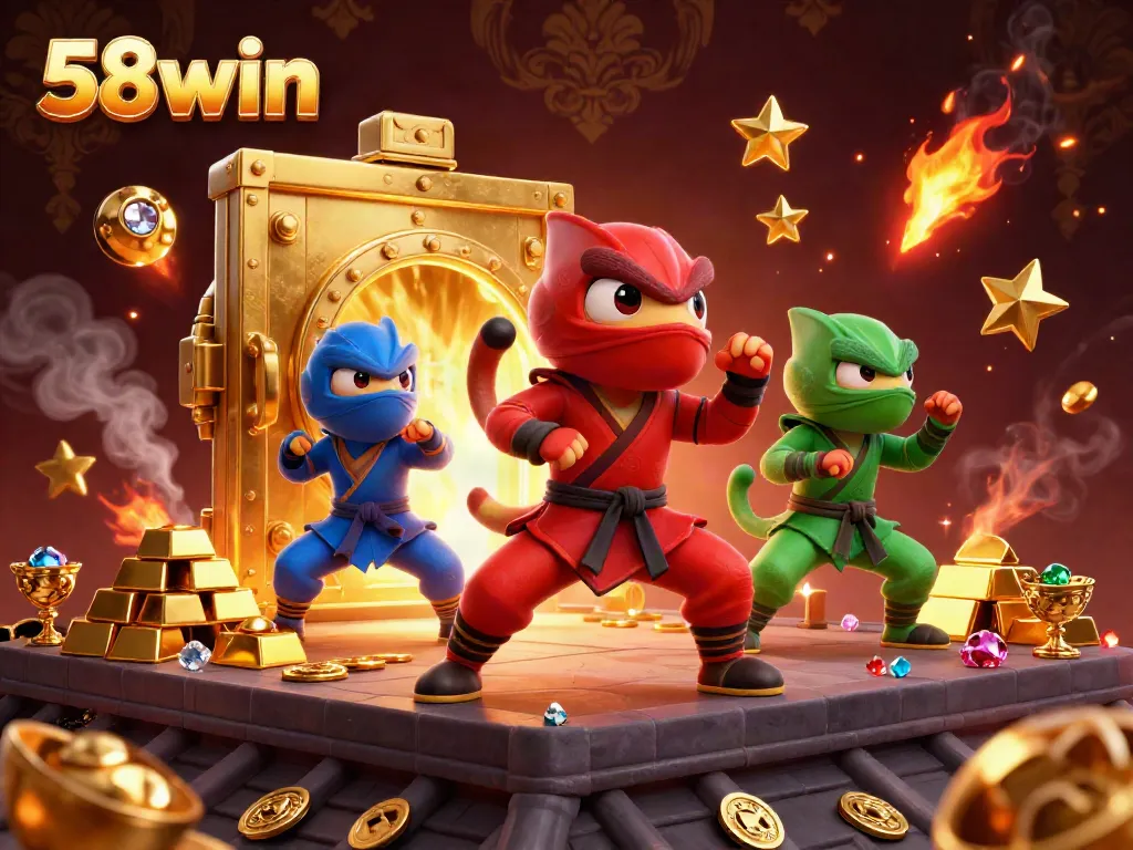 The 58win image showcases a vibrant team of ninja chameleons in action, surrounded by gold treasures, symbolizing the thrill of online gaming.