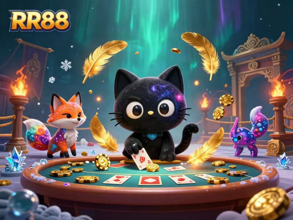 Experience the thrill of RR88 with a cosmic casino scene featuring a black hole cat at the center of a vibrant gambling universe.
