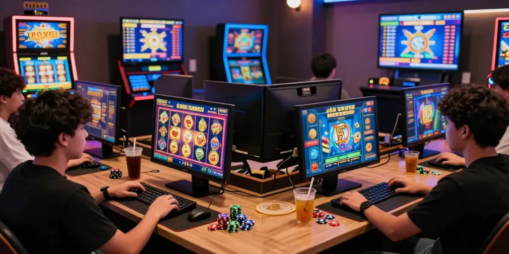 Lumbung88 players enjoying an immersive online gaming experience with vibrant slot machines and engaging atmosphere.