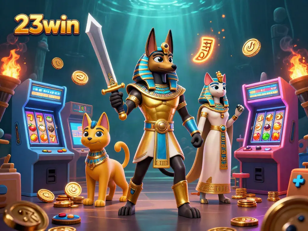 Engage in thrilling slot games with 23win as Anubis and Bastet celebrate with jackpots.