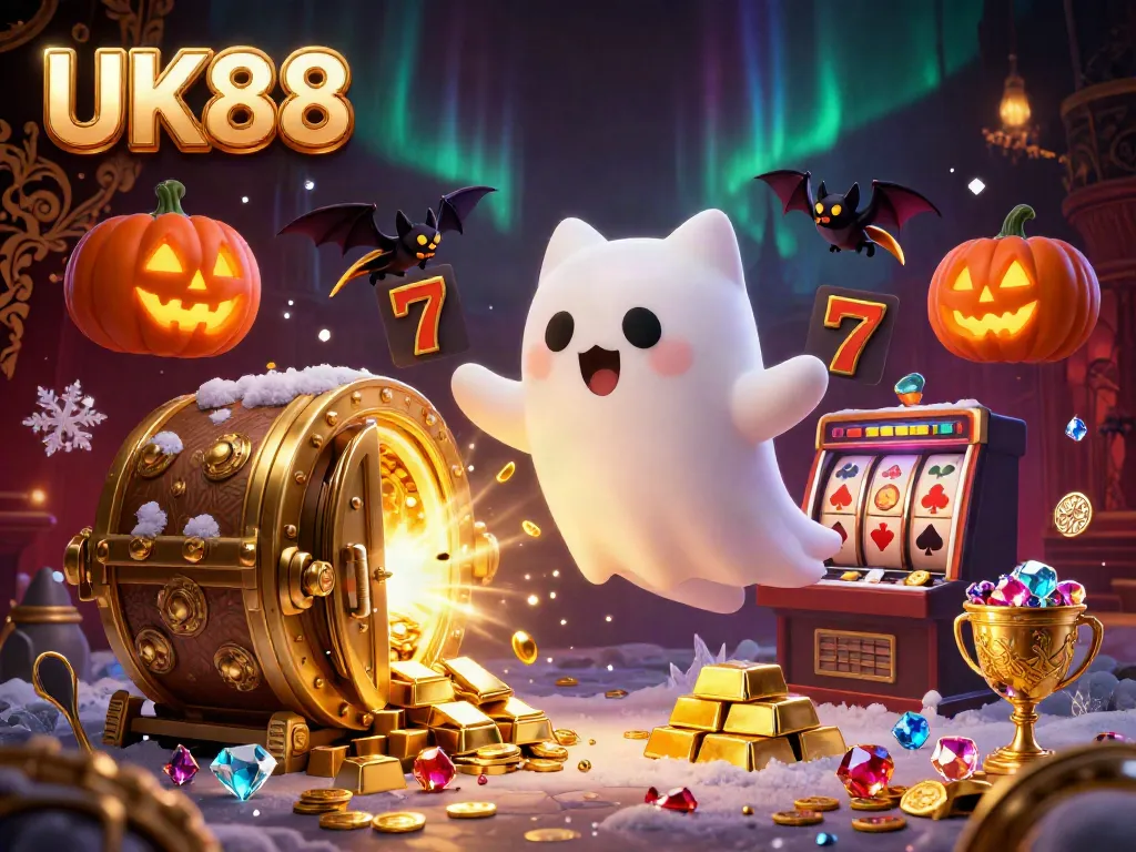 Experience thrilling gaming with UK88's ghost cat and vampire bat in a haunted casino.