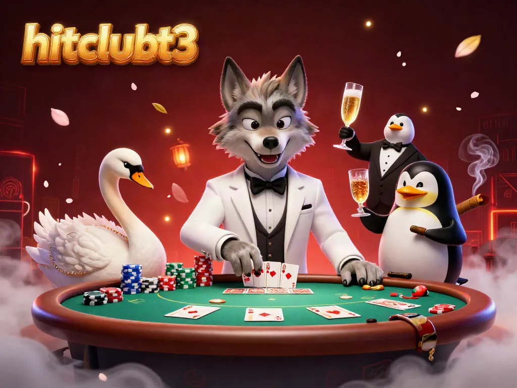 Experience hitclubt3 with a sophisticated casino scene featuring a debonair wolf, elegant swan, and penguin sommelier.