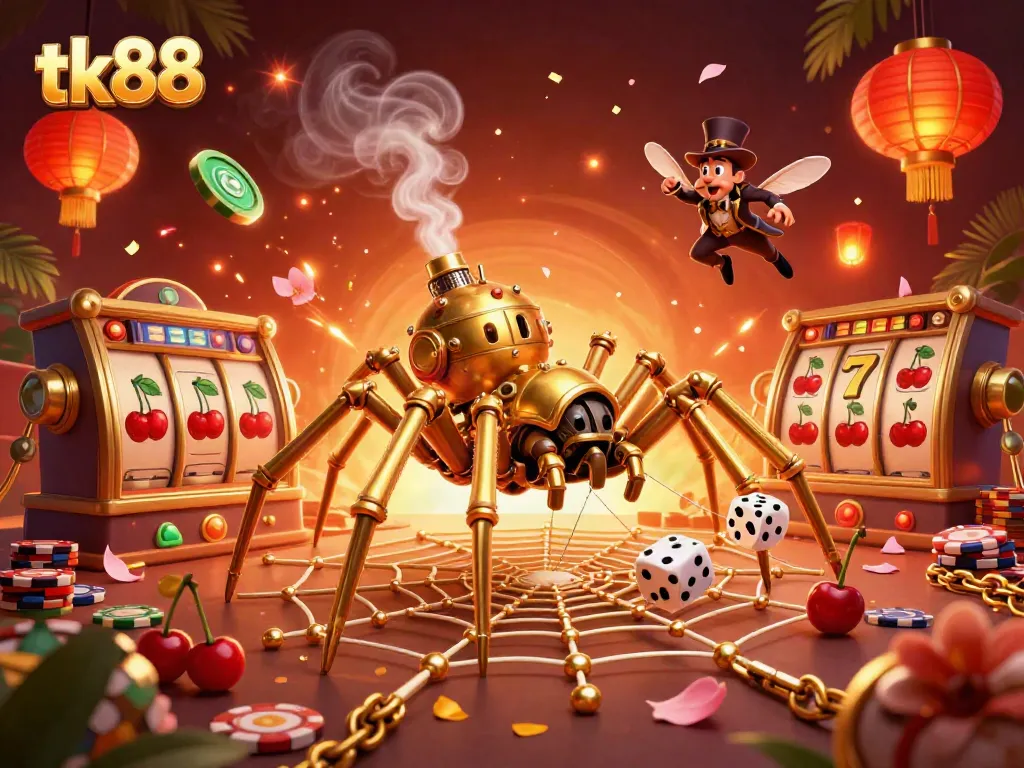Experience the excitement of tk88 with a vibrant casino-themed 3D illustration featuring a golden spider and lucky game elements.