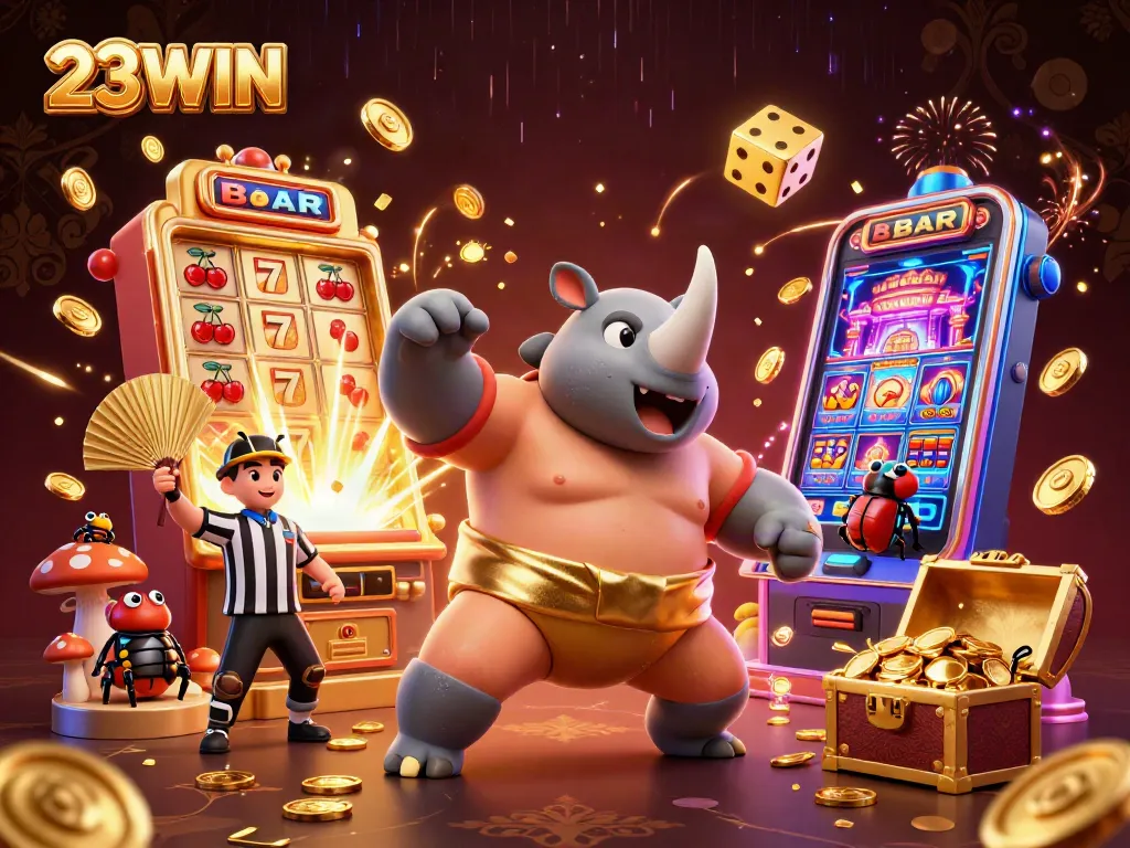Experience the thrill of 23WIN with a vibrant casino scene featuring a beetle champion and jackpot elements.
