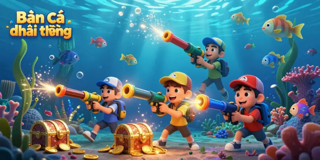 Catch fish in the energetic Bắn cá đổi thưởng underwater scene filled with colorful sea creatures and treasure.