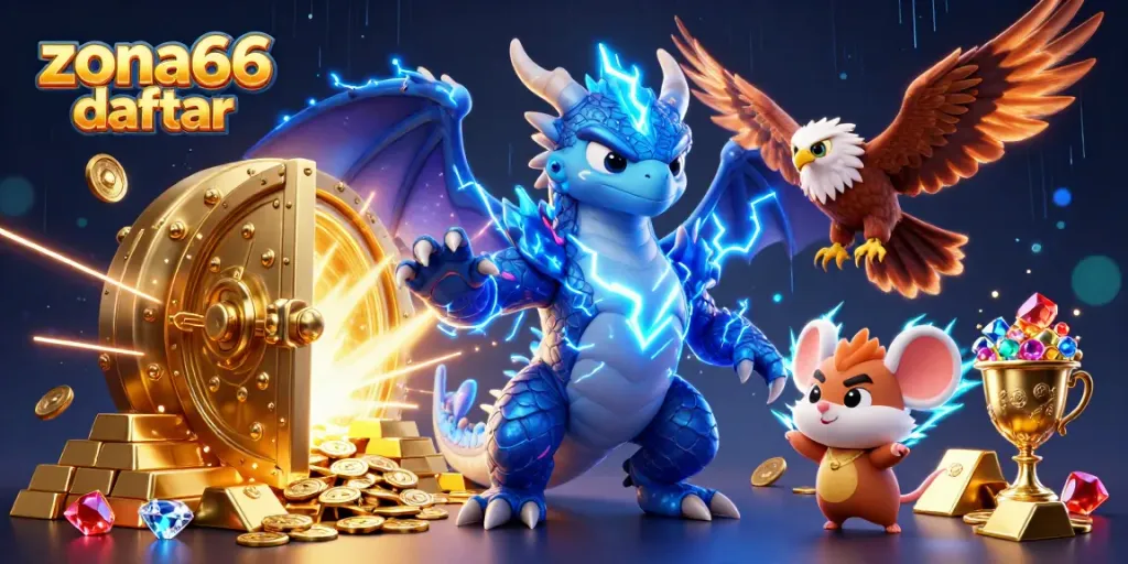Experience the excitement of zona66 daftar with a thunder dragon and dynamic casino elements in this vibrant 3D illustration.