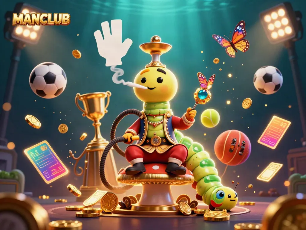 Engage with MANCLUB in a vibrant 3D illustration showcasing dynamic gaming elements and a hookah-master caterpillar in a casino setting.