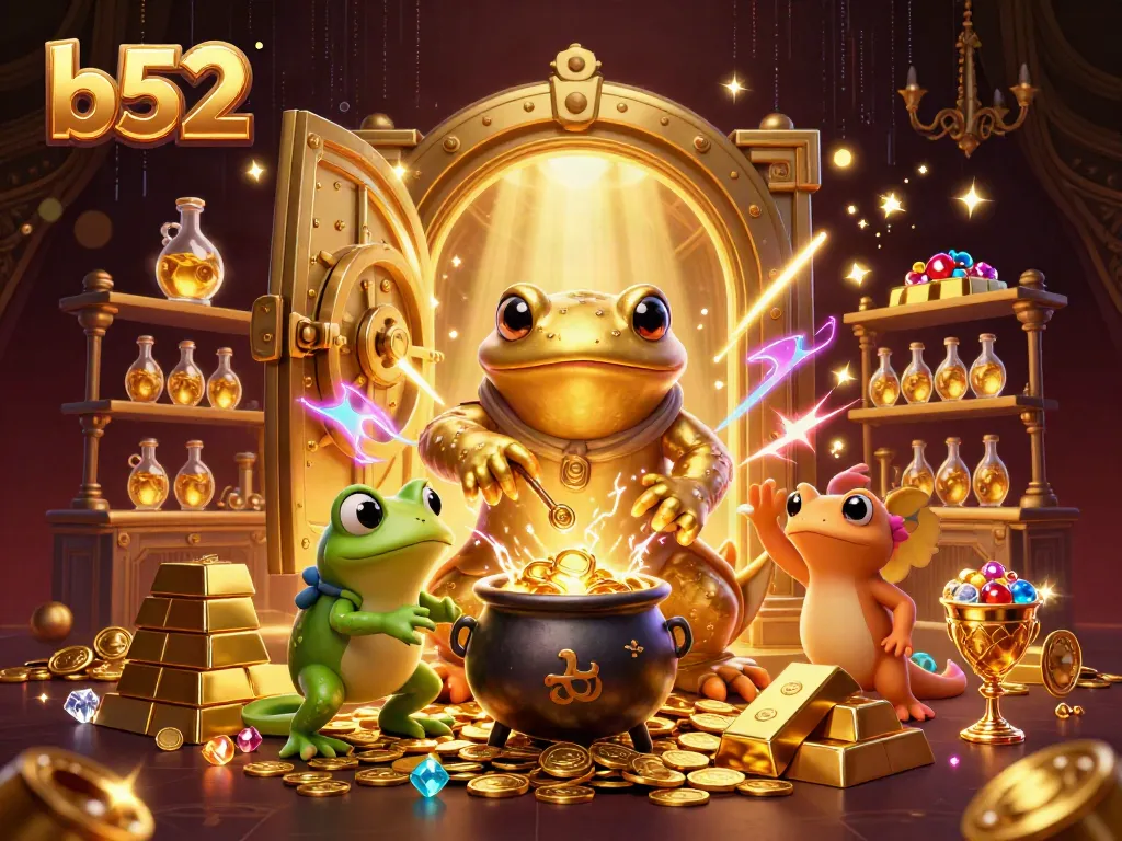 Experience b52 excitement with golden treasures and enchanting alchemist characters in a vibrant casino scene.