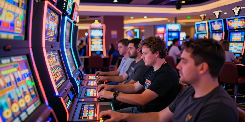 Pengunjung bersemangat bermain slot di kasino dengan mesin slot berwarna-warni dan suasana yang menggembirakan.