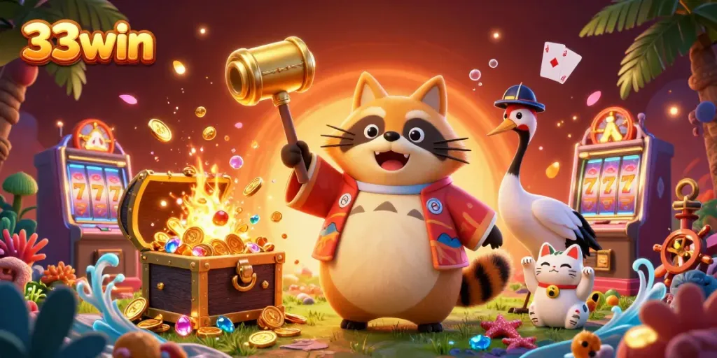 Experience luck with 33win as the cheerful tanuki and samurai crane celebrate wins in an exciting casino scene.