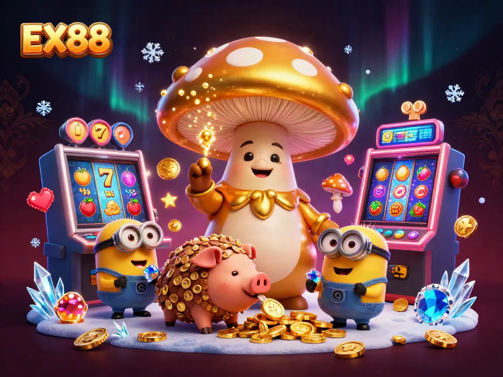 Feel the magic of EX88 as the golden mushroom wizard brings luck and treasures in this vibrant casino scene.