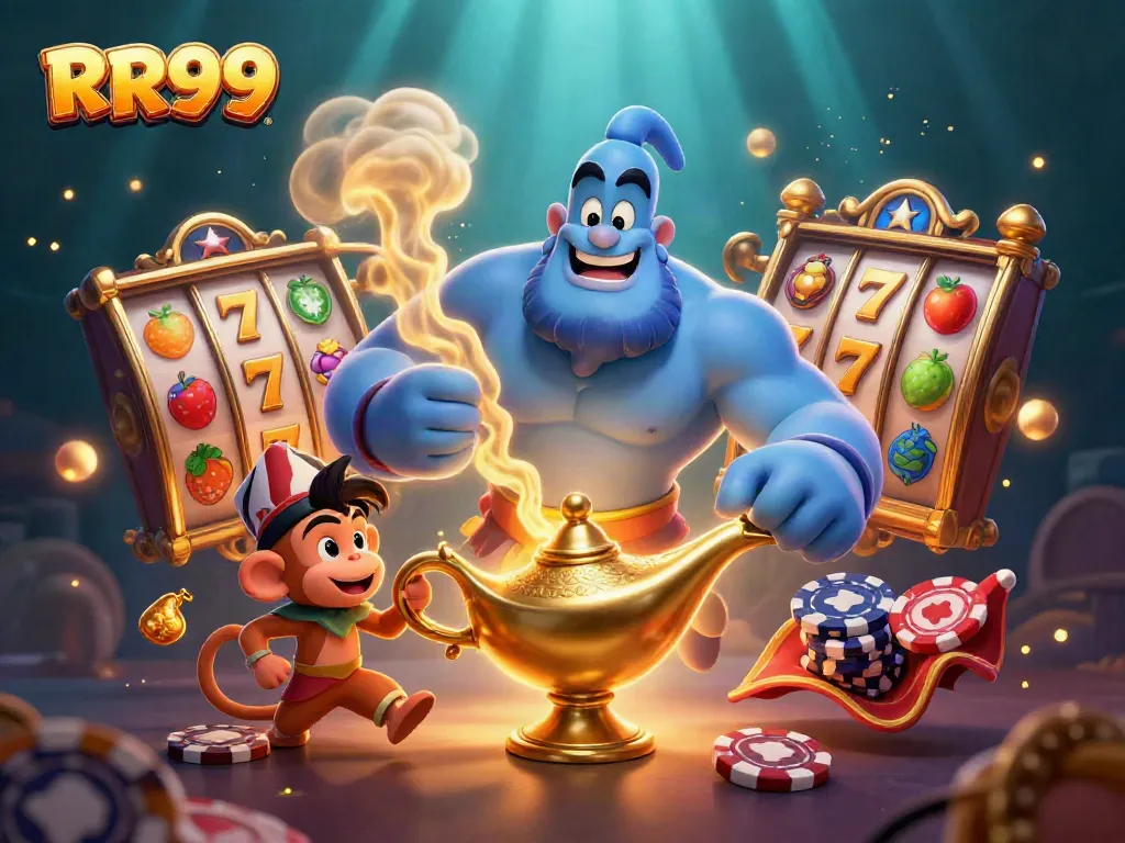Engage in exciting gaming at RR99 with a vibrant 3D scene of a blue genie and casino elements.