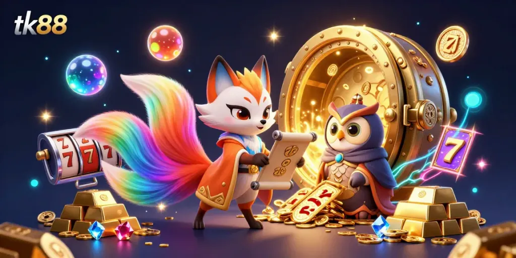 Experience thrilling gaming action with tk88's illuminated fox spirit and gem-filled treasure vault.