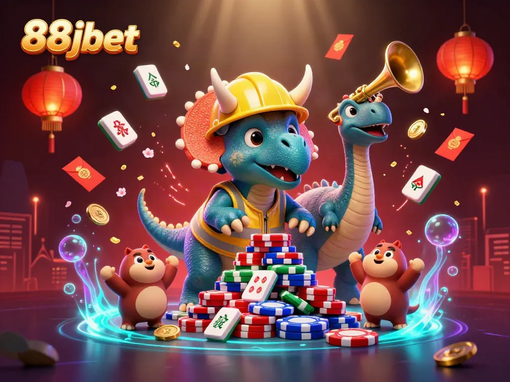 Experience the vibrant 88jbet celebration in a dynamic casino scene with colorful characters.