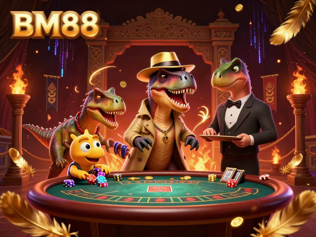 Engaging illustration of the BM88 casino scene with a velociraptor card counter and stegosaurus pit boss.