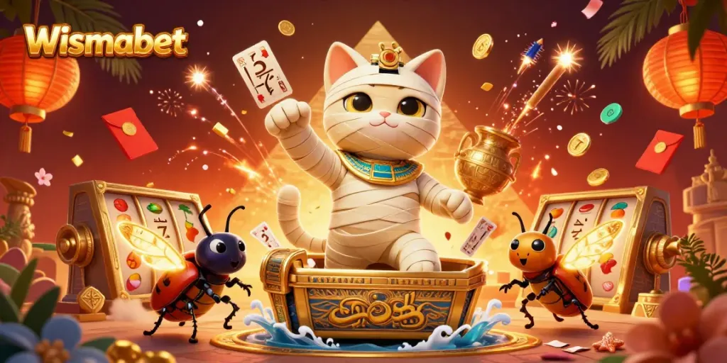 Memenangkan slot di Wismabet dengan ilustrasi kucing mummy dan elemen kasino yang megah.