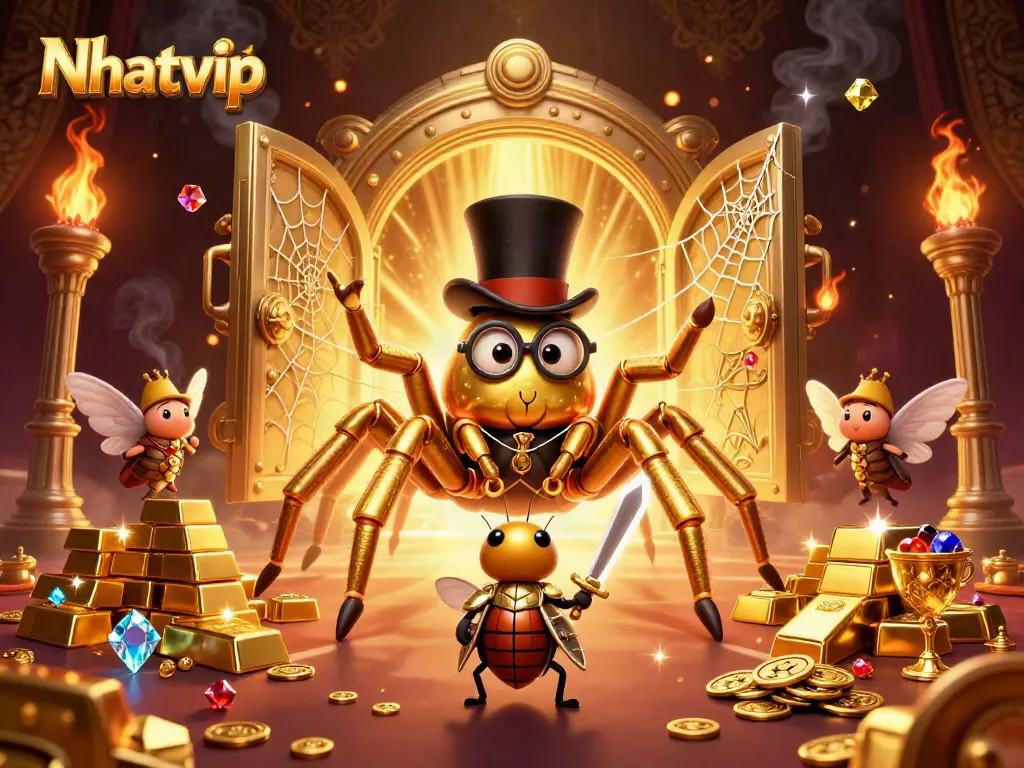 Nhatvip's thrilling casino world featuring a giant golden tarantula and treasure elements.