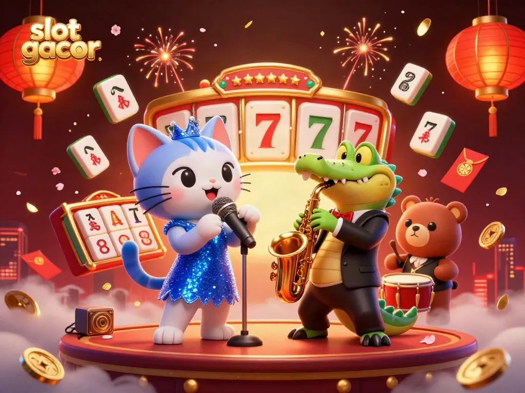 Engage with the lively scene of slot gacor featuring a jazz-singer cat, saxophone crocodile, and drum bear in a vibrant casino setting.