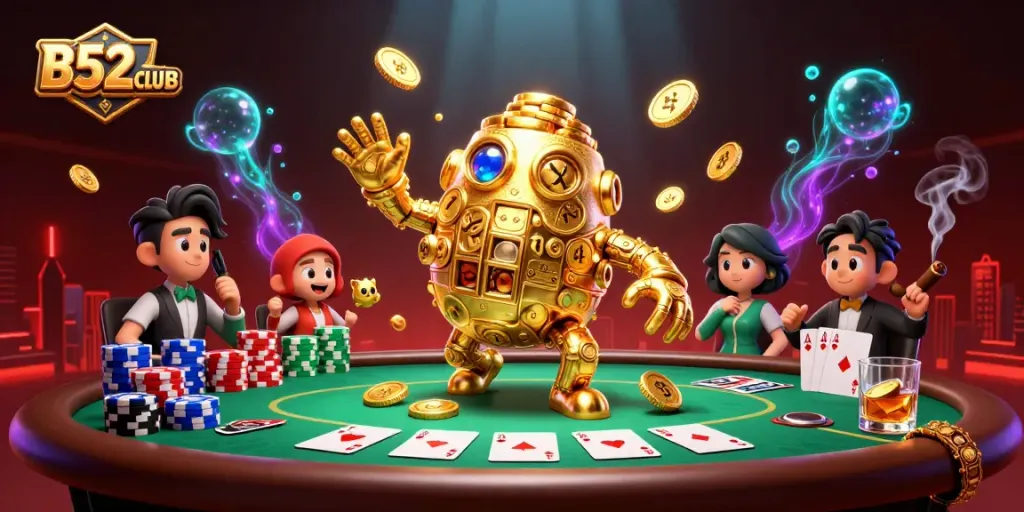 Spin the reels at B52CLUB with vibrant casino action featuring golden golems and poker elements.