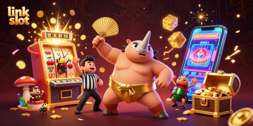 Engage with thrilling link slot action featuring lively characters and vibrant casino elements.