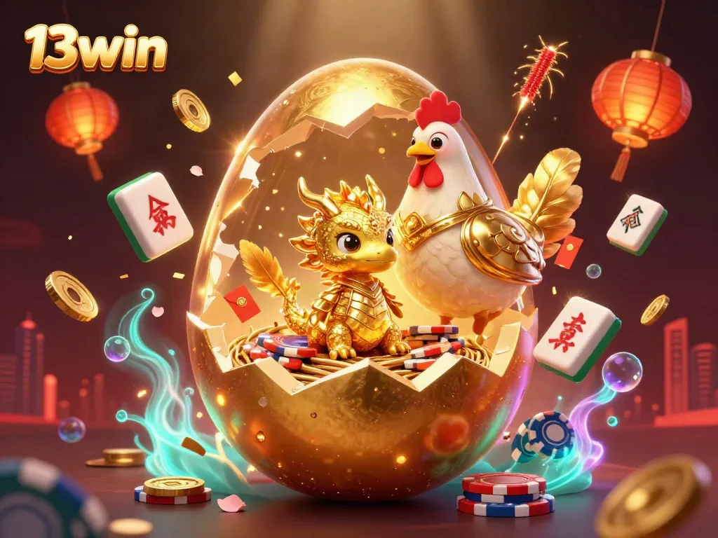 Engage in thrilling gameplay with 13win's golden dragon and poker chips in a fantasy setting.