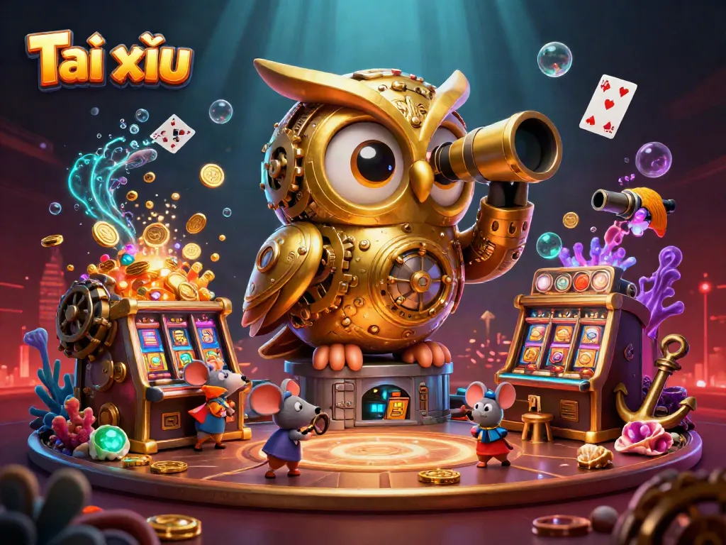 Engage in Tài xỉu with playful mice amidst a bustling casino, filled with treasures and excitement.