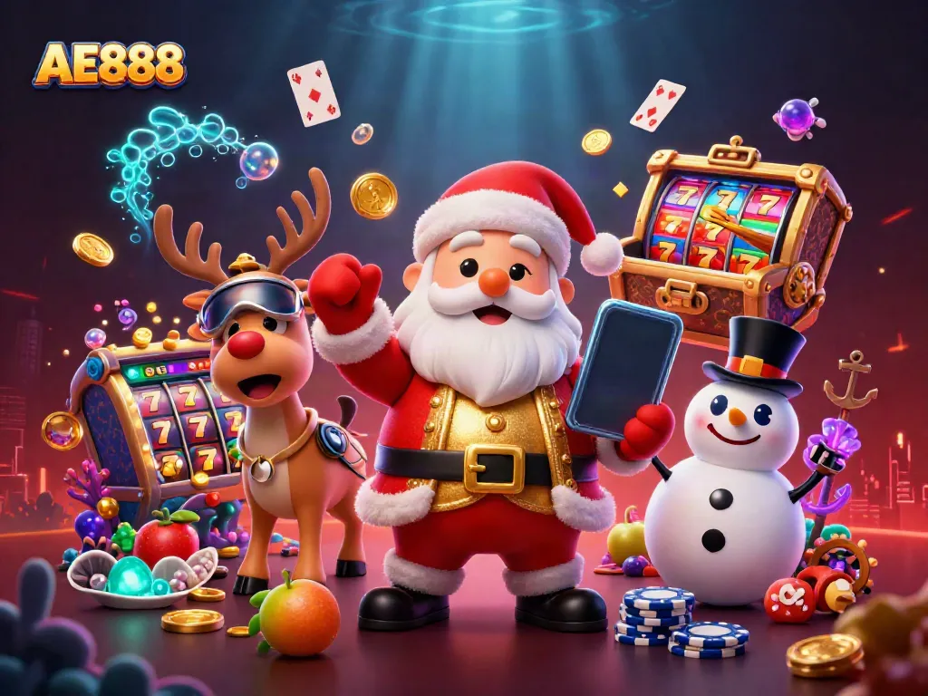 Celebrate gaming excitement with AE888's cheerful Santa and festive characters in a vibrant casino scene.