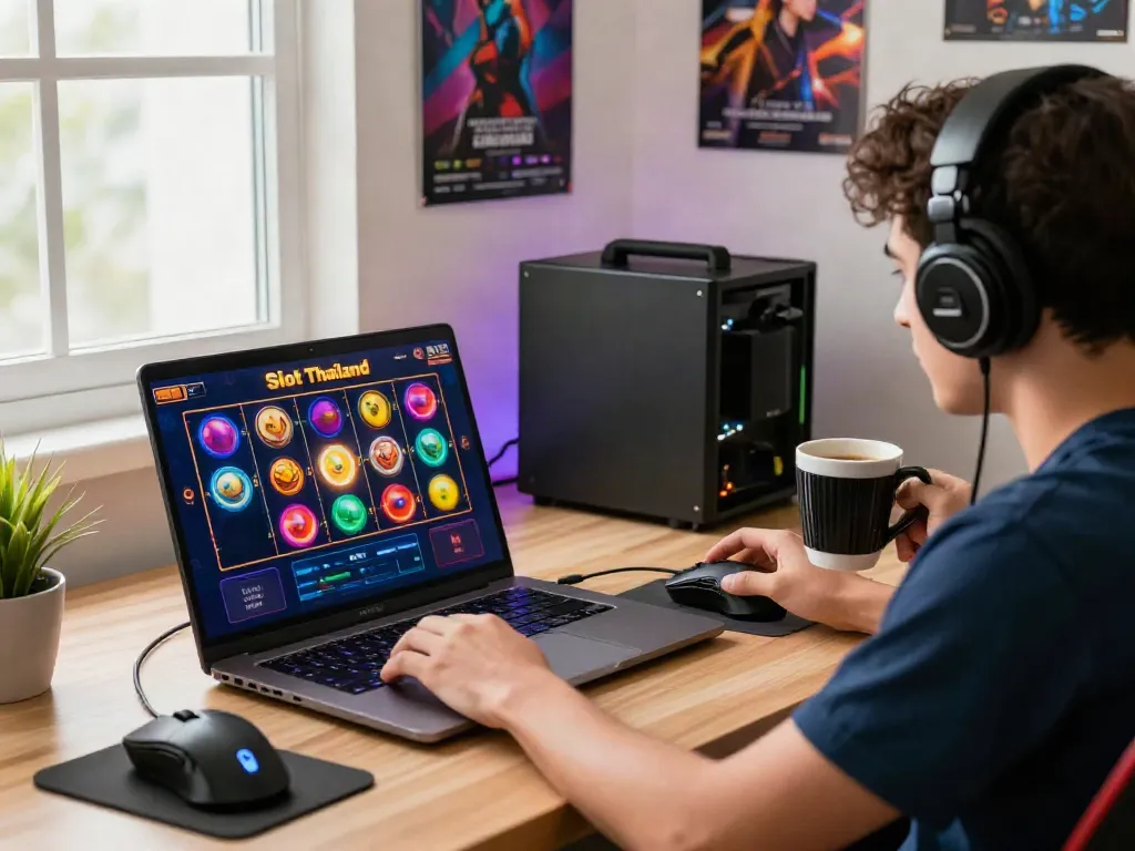 Player engaged in Slot Thailand gaming experience with vibrant screen and modern workspace elements.