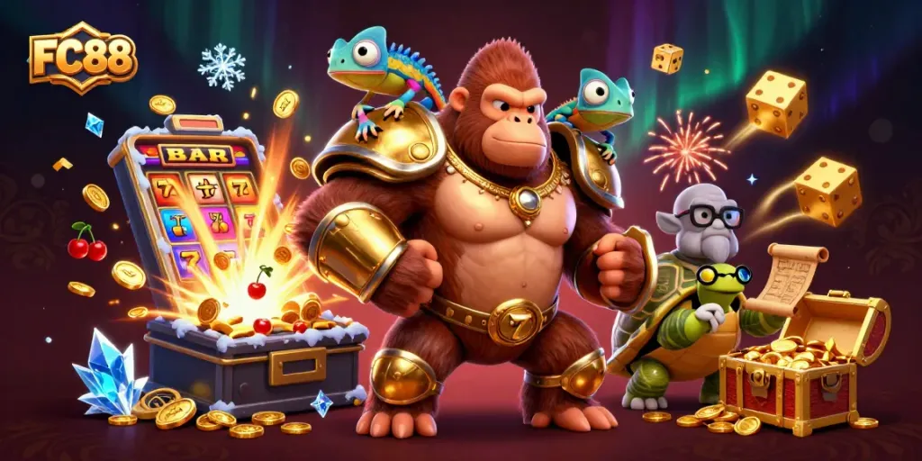 Engage with thrilling slots at FC88, featuring colorful characters and a jackpot explosion.