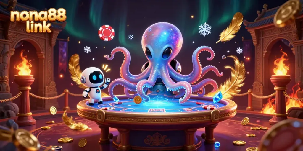 Experience the magic of gambling with nona88 link, showcasing a vibrant 3D alien poker scene.